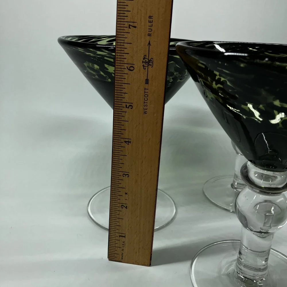 Pier 1 Hand Blown Martini Glasses Green Black Swirl Leopard Tortoise Set of 3